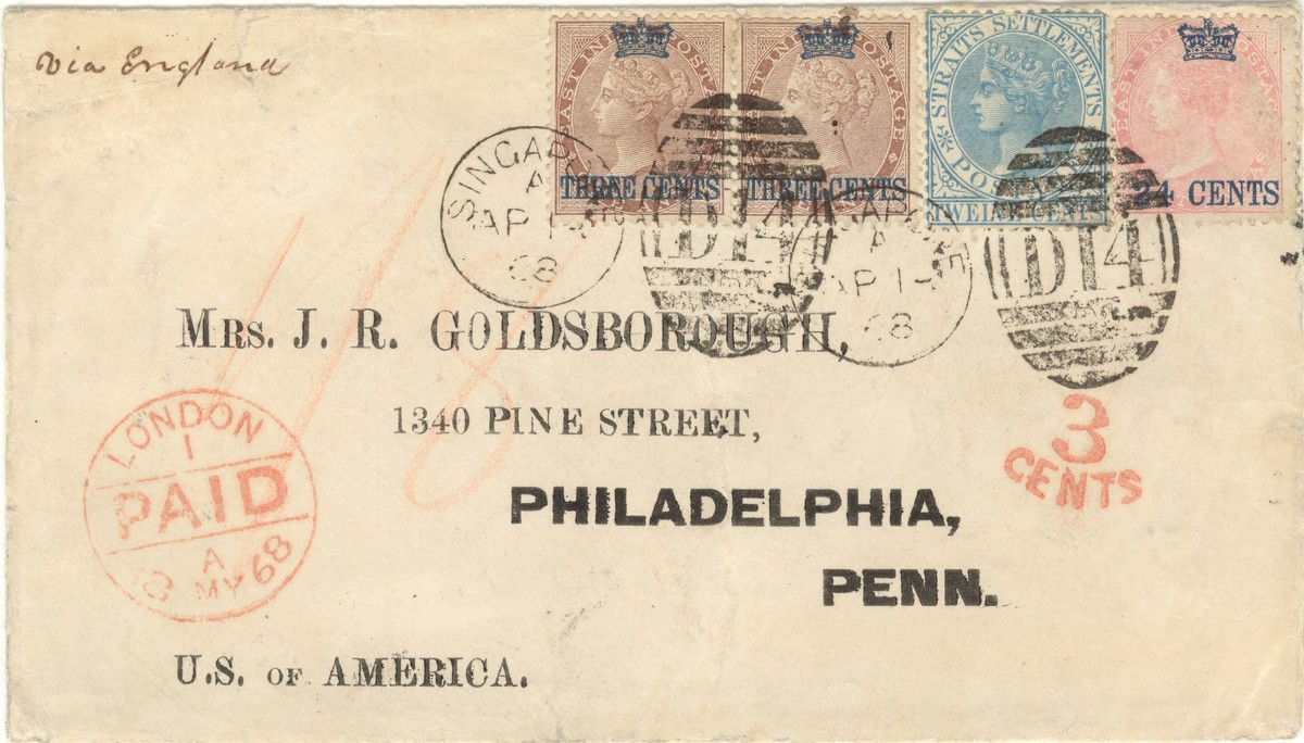 Cover sent to Philadelphia on 1868, 14 Apr, with a pair of 3-cent surcharge on Queen Victoria 1-anna stamps, 24-cent surcharge on 8-anna rose stamp, and 12-cent blue stamp.