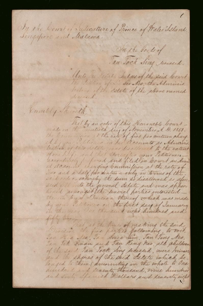 Petition of Lee See Neo concerning the estate of Tan Tock Sing