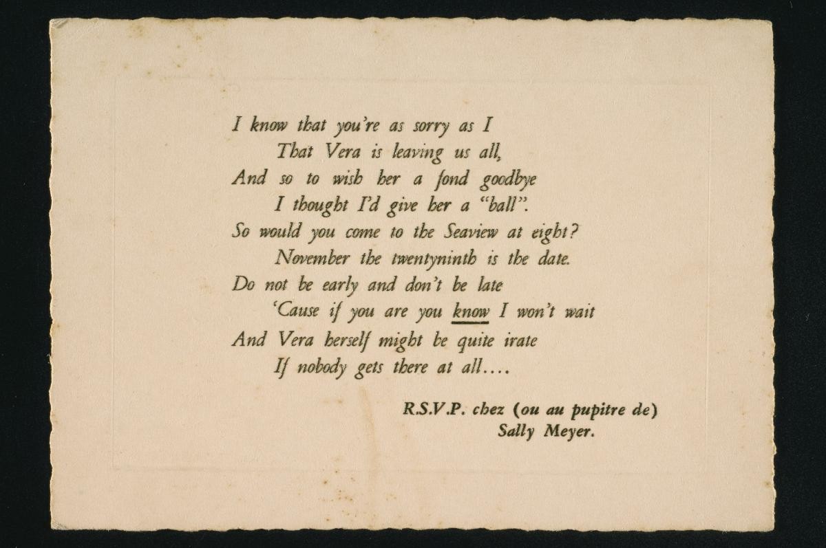 Invitation card to a farewell dinner hosted by Sally Meyer