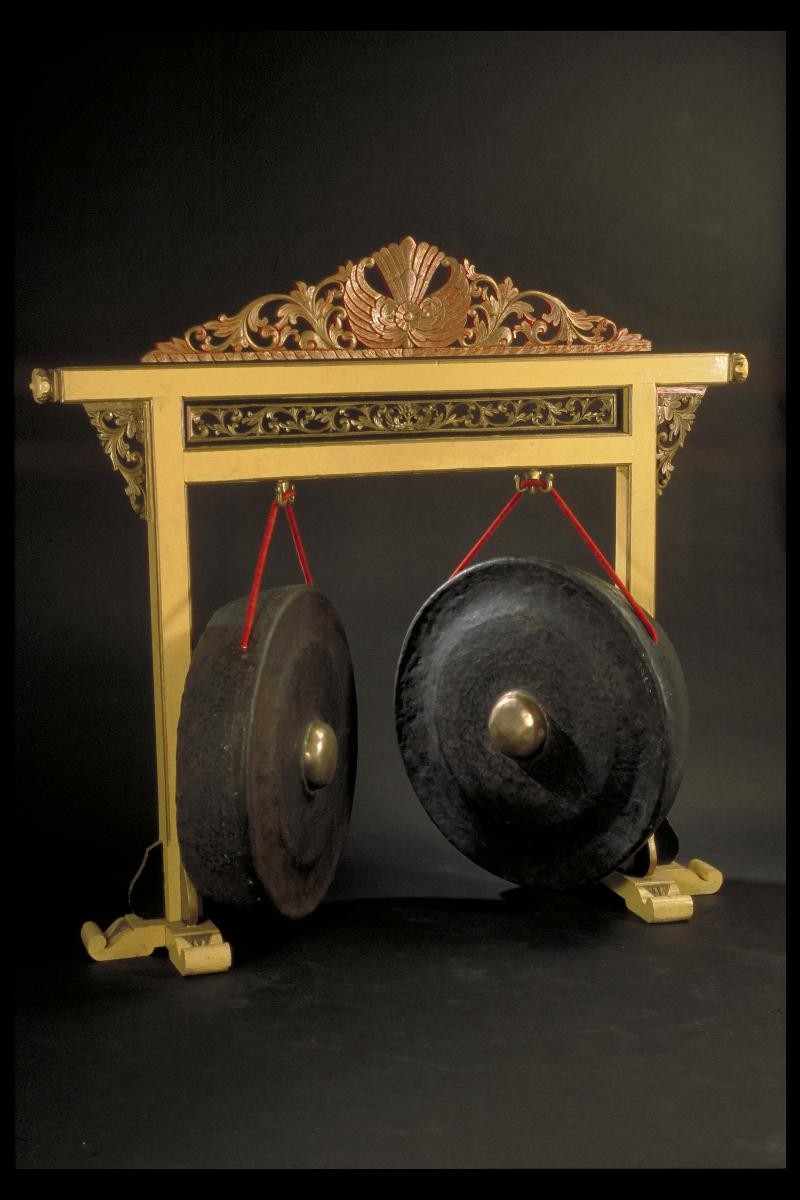 Pair of gamelan gongs with stand