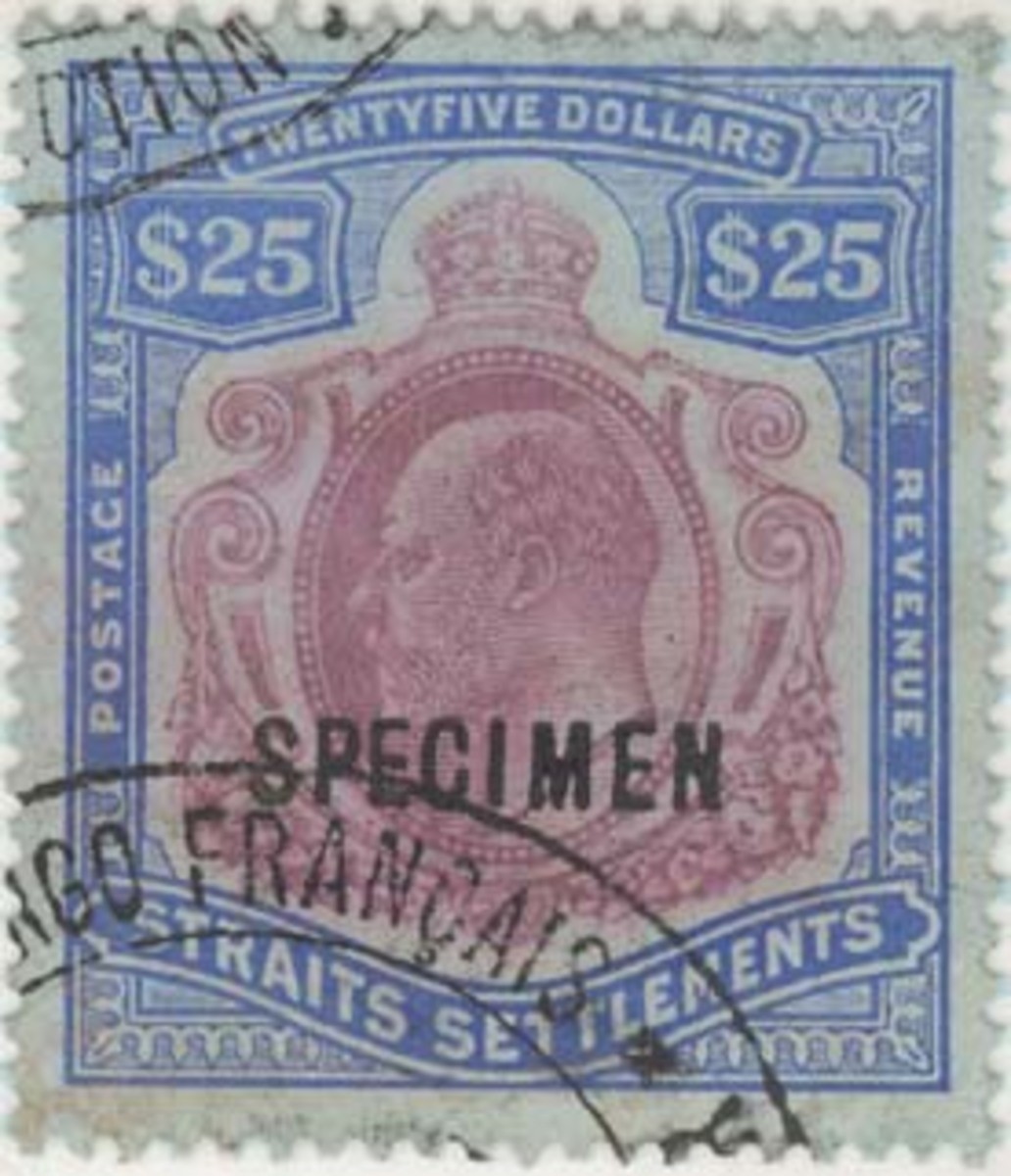 Specimen of King Edward VII Straits Settlements $25 high value definitive stamp issue of 1902-12.