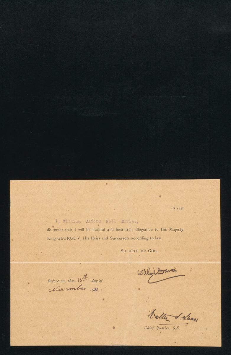 Oath sworn by William Alford Noël Davies