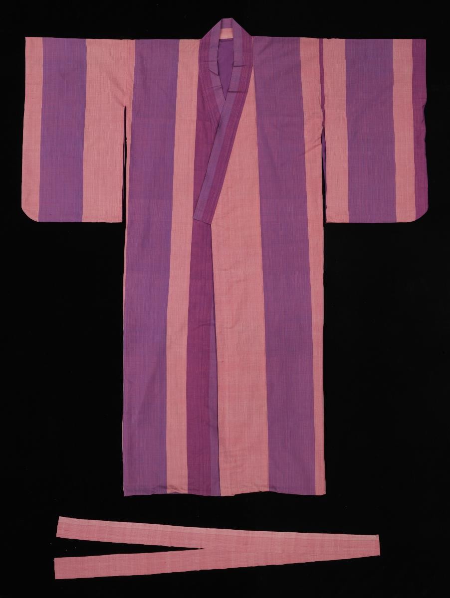 Striped pink and purple kimono and sash, of made-in-Singapore ‘Khersonese’ silk