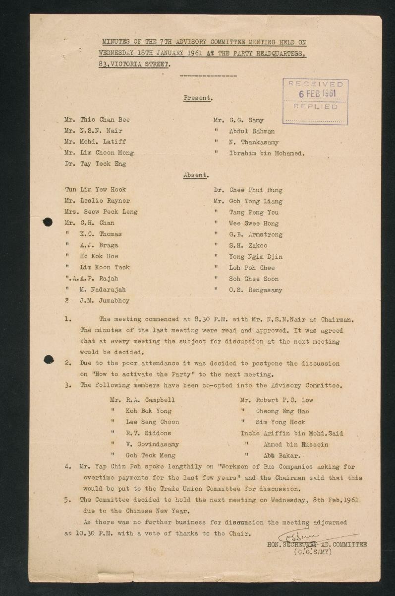 Minutes of the Singapore People’s Alliance (SPA) 7th Advisory Committee Meeting