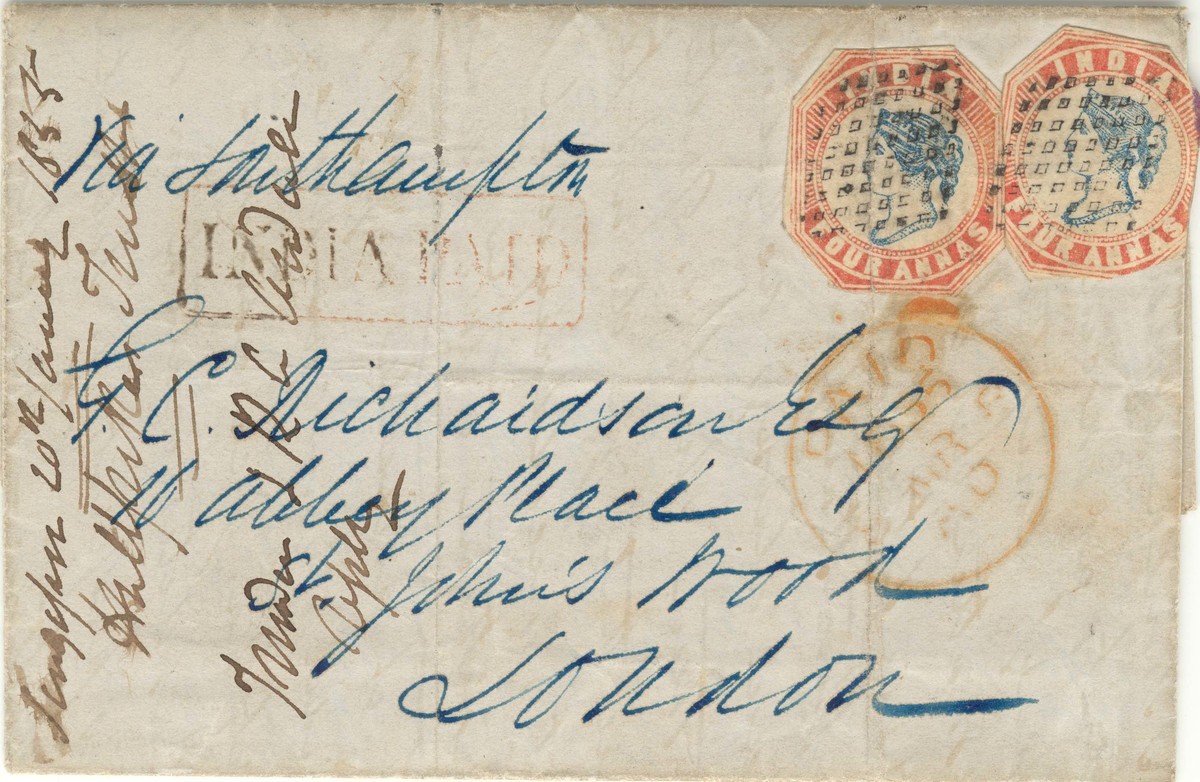 Entire letter to London on 1855, 20 Jan with two cut-to-shape Queen Victoria 4-anna stamps.