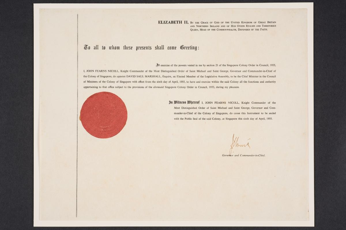Instrument of Appointment presented to David Marshall on his appointment as Chief Minister by Governor John Nicoll