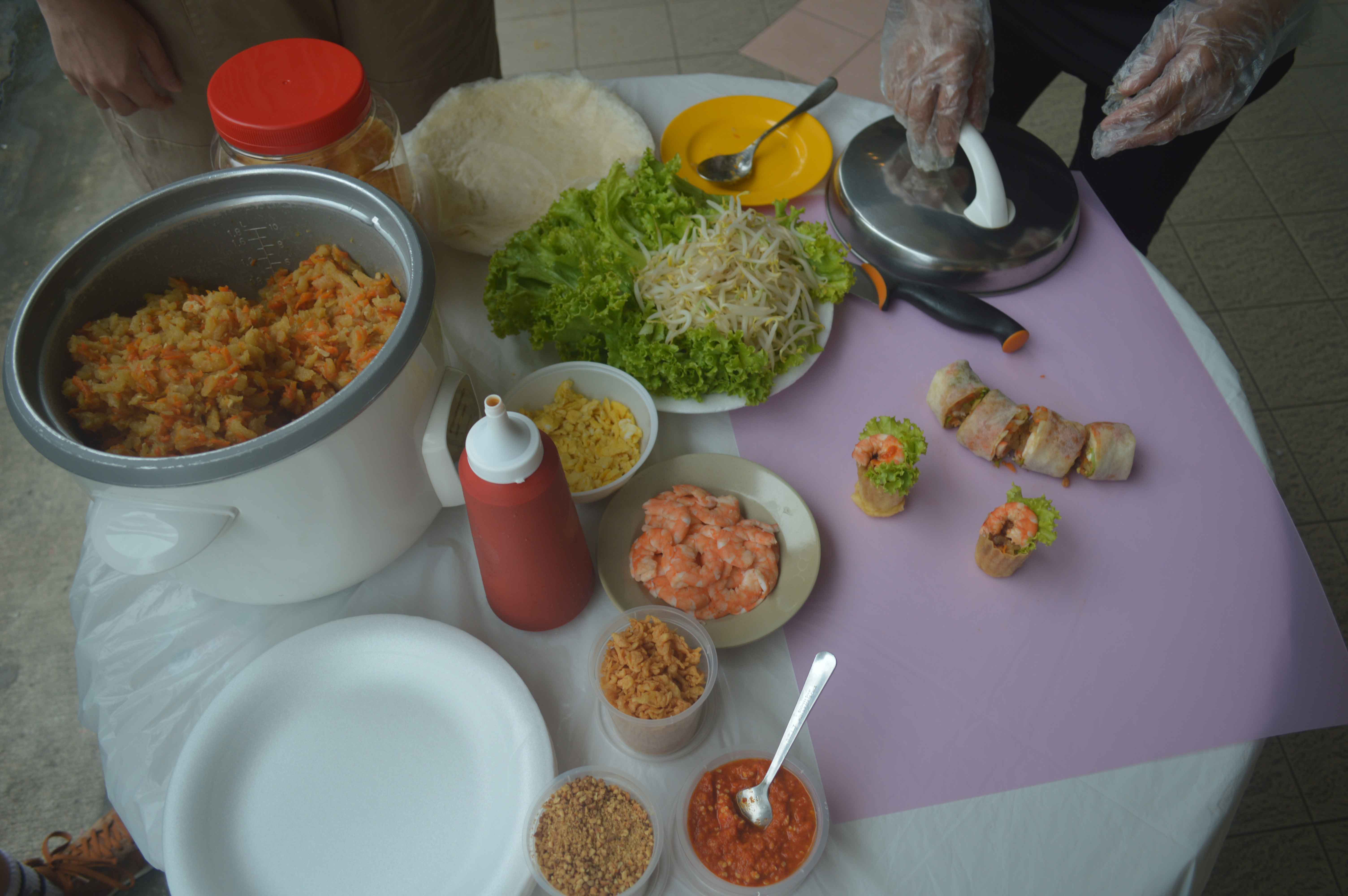 The ingredients for making popiah and kueh pie tee, which are shown on the purple sheet of paper.