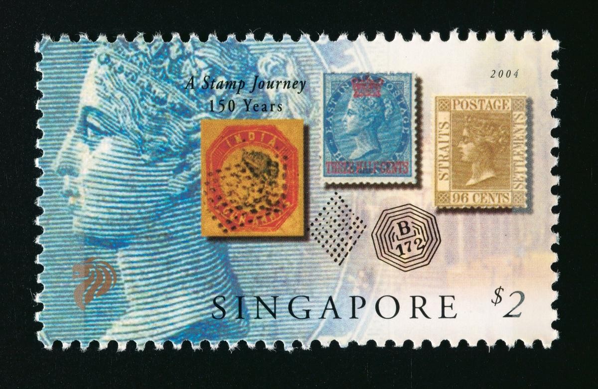 A stamp commemorating the 150th anniversary of the first use of stamps in Singapore