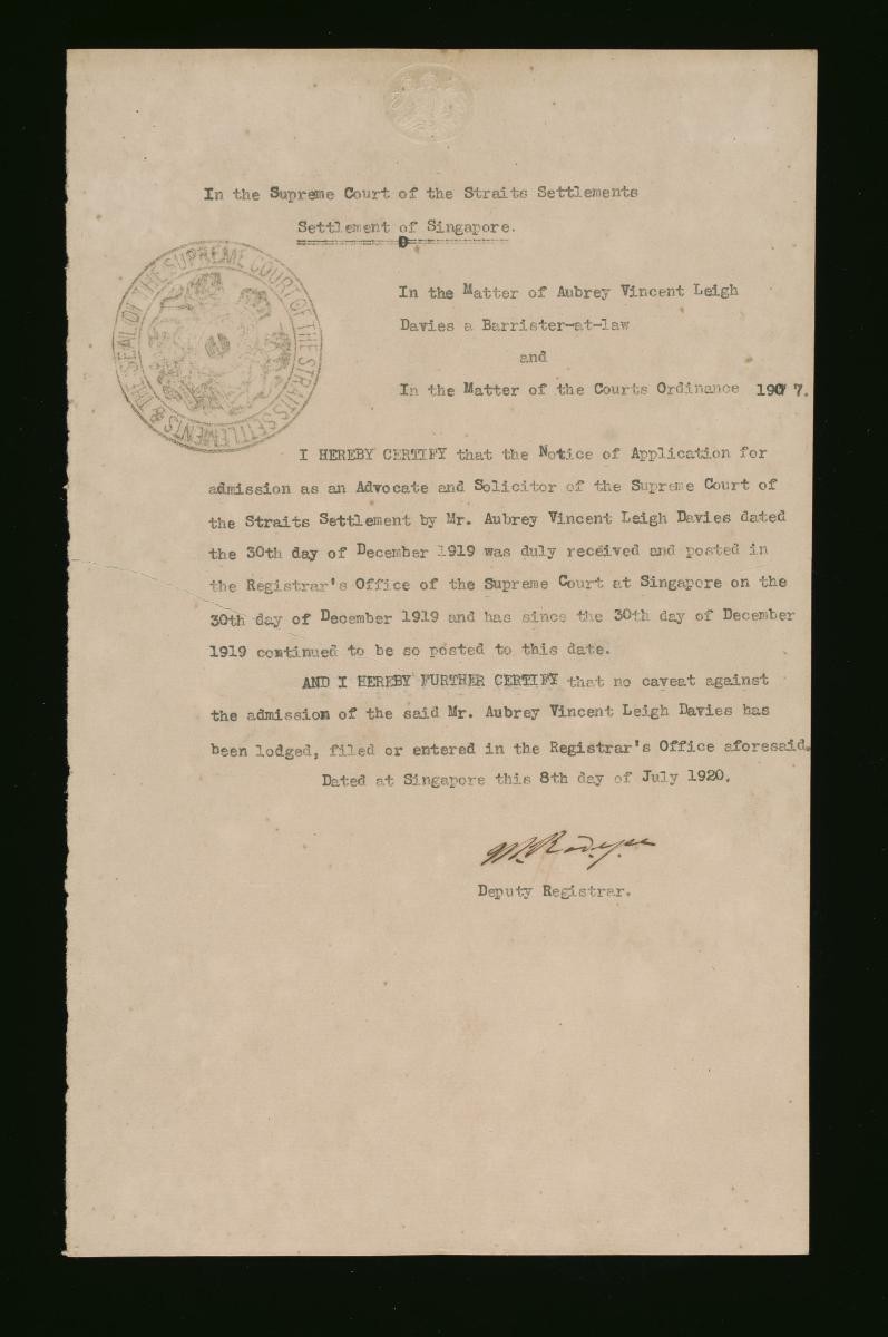 Registrar's certificate of the Supreme Court, Singapore for Aubrey Vincent Leigh Davies