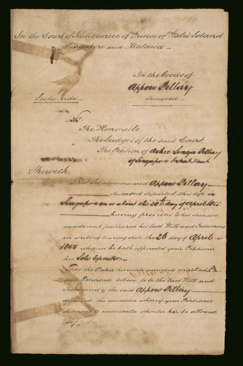 Petition of Achee Singa Pillay of Singapore