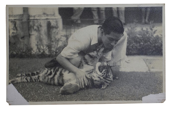 <span>This photograph, taken between the 1950s-1960s, shows Tong Seng Mun and his pet tiger cub, which often lounged in the shop much to the delight of customers. </span>
