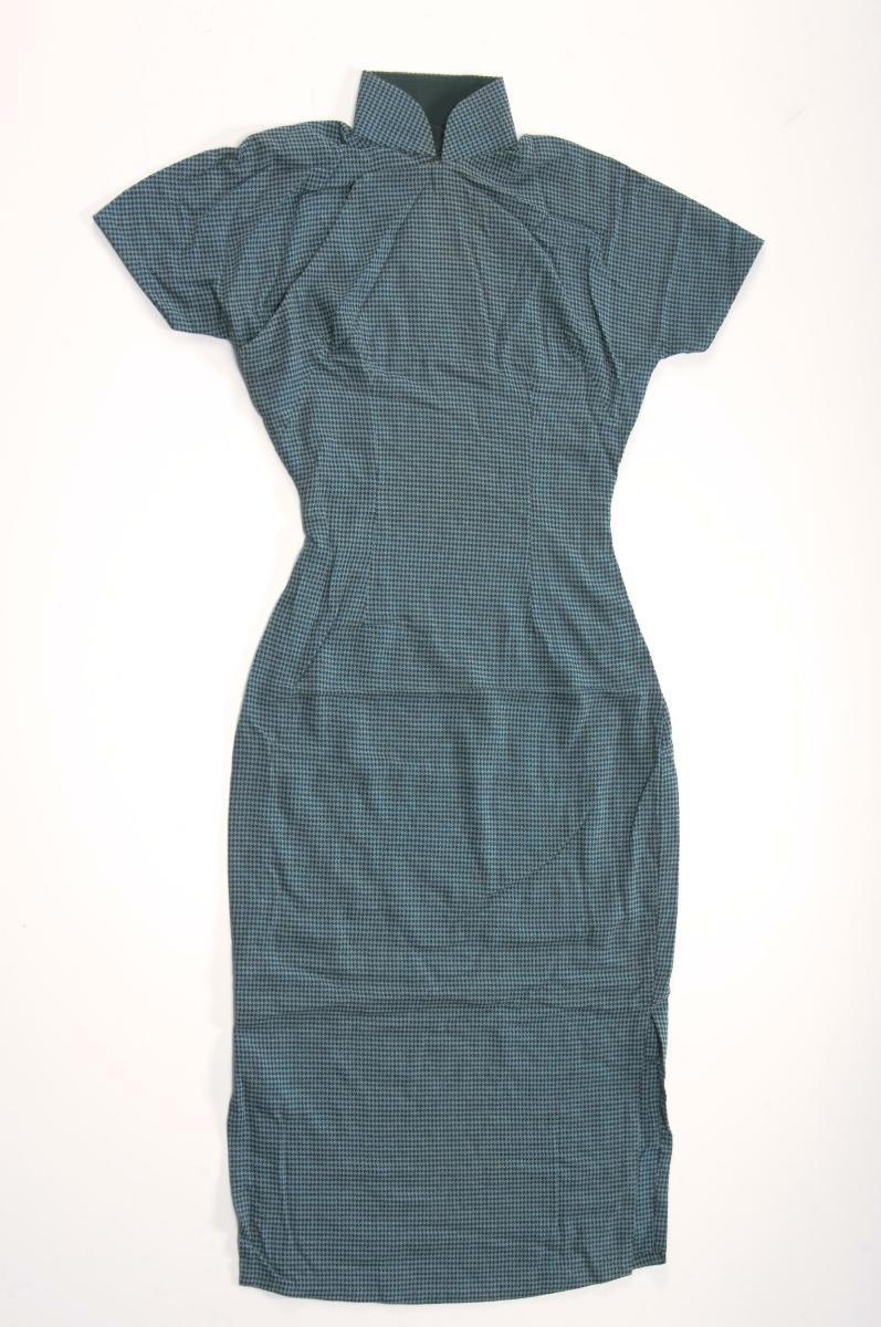 Blue and black houndstooth printed cheongsam