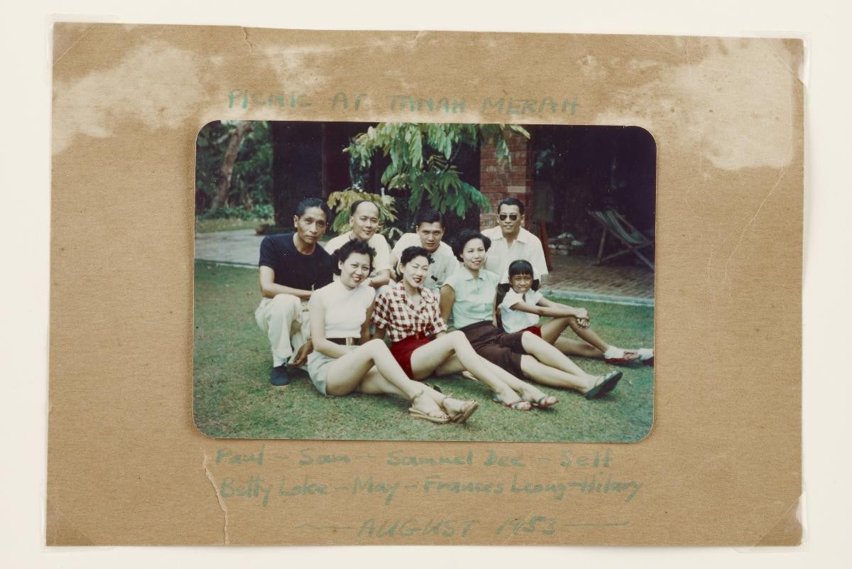 “Picnic at Tanah Merah/Paul – Sam – Samuel Dee – Self/Betty Loke – May – Frances Leong – Hilary/August 1953”