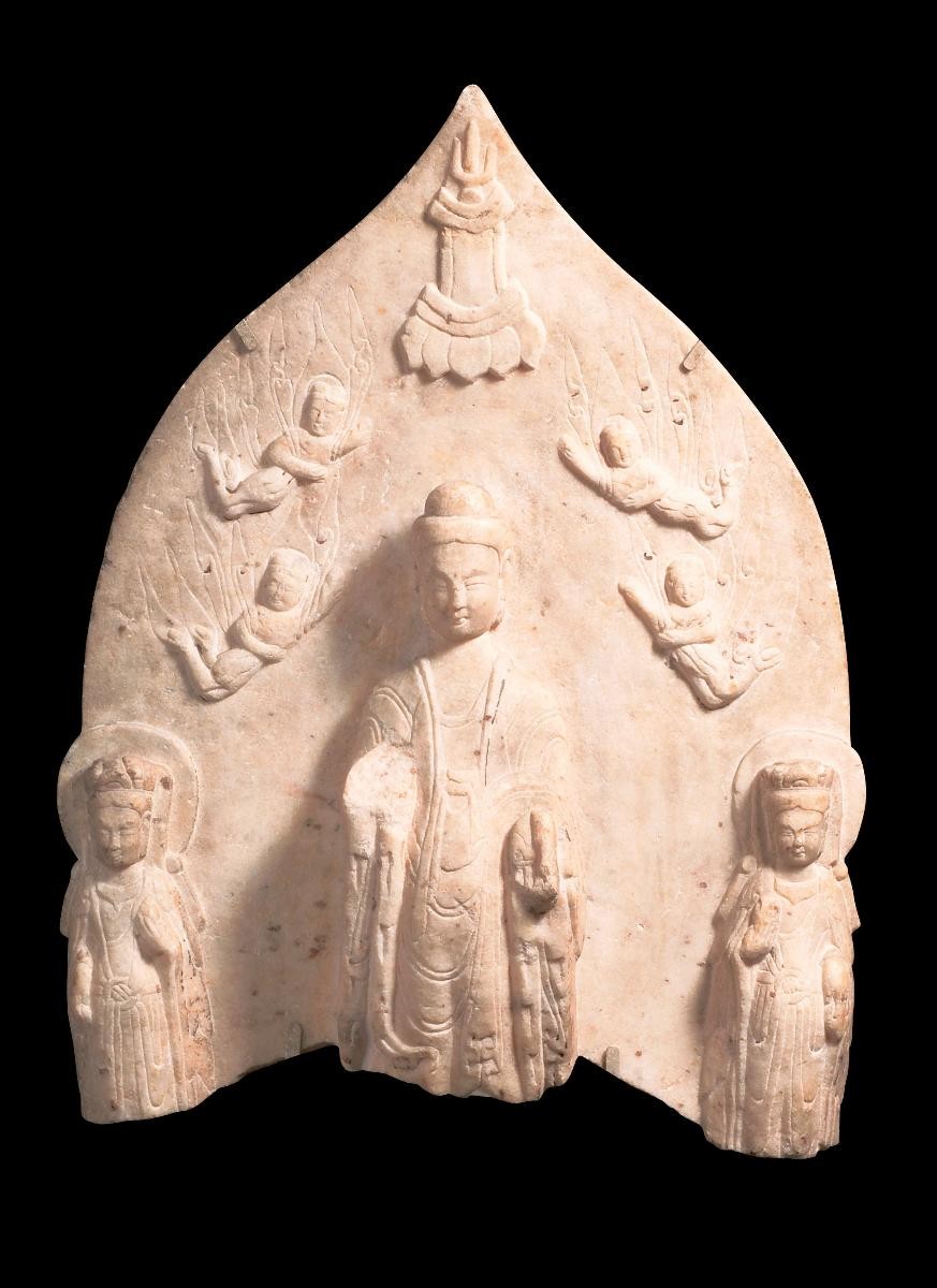 Fragments of marble stele with Buddha figurine