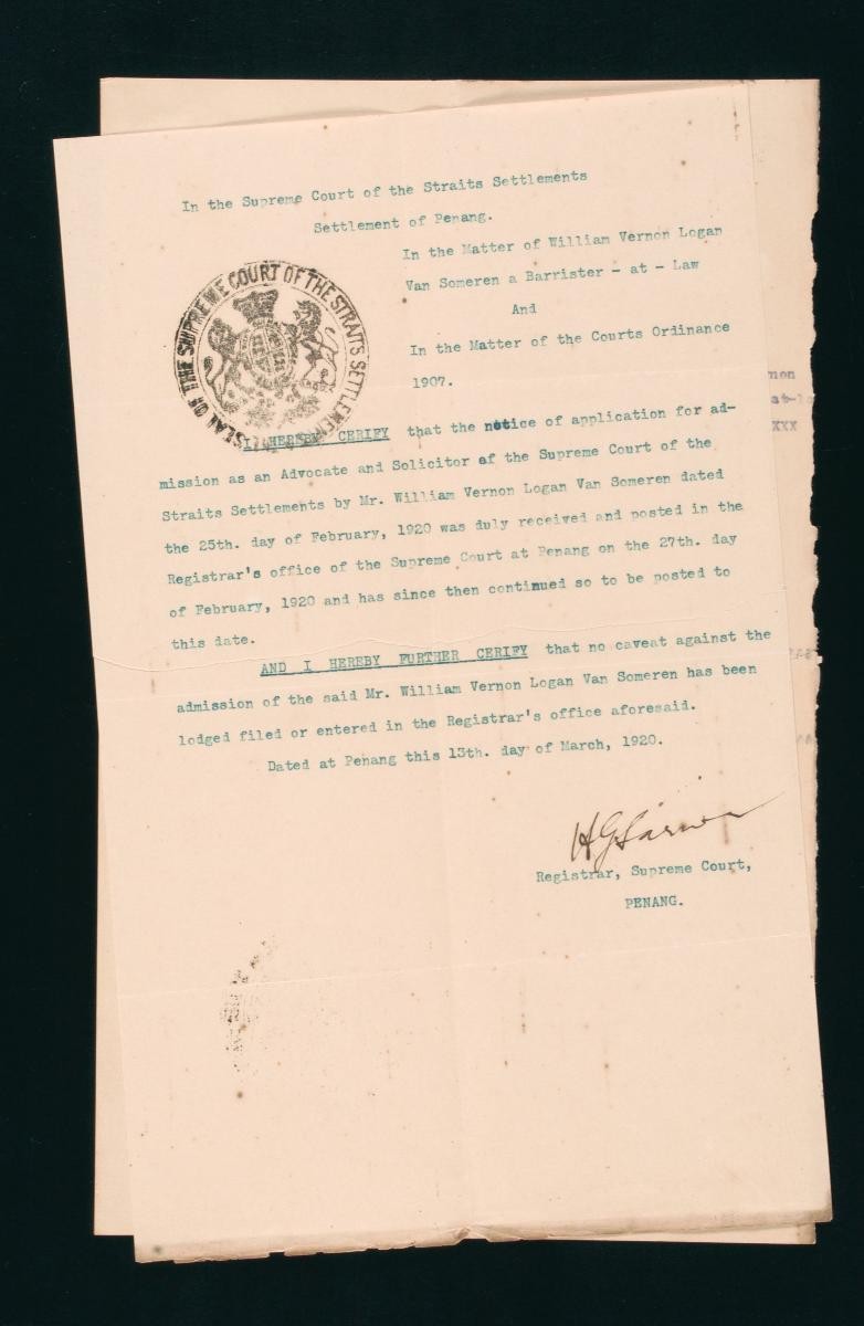Registrar's certificate of the Supreme Court, Penang for William Vernon Logan Van Someren