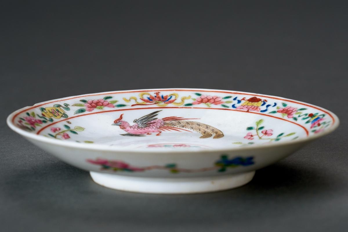 White ground dish with enameled pheasants
