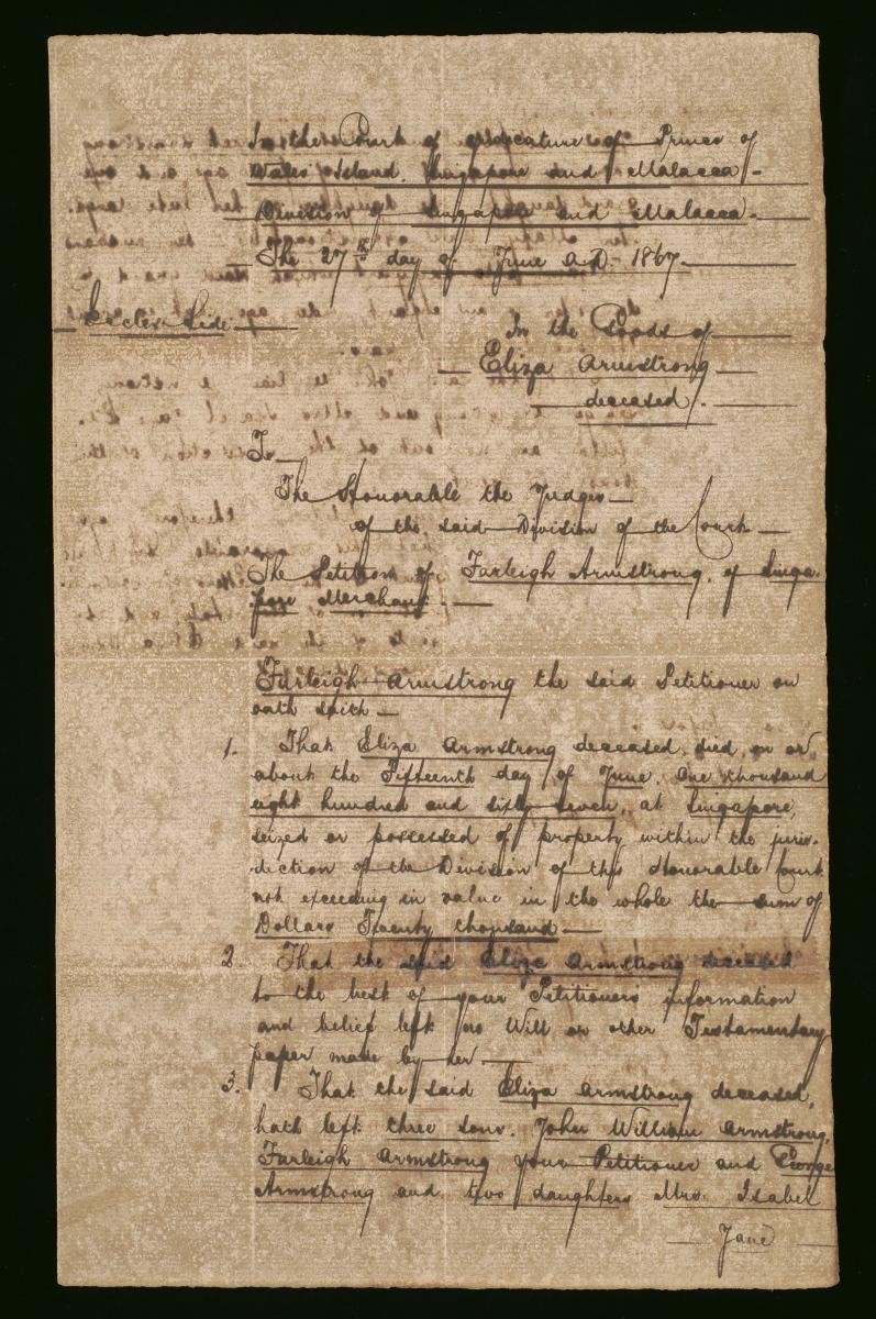Petition of Farleigh Armstrong concerning the estate of Eliza Armstrong
