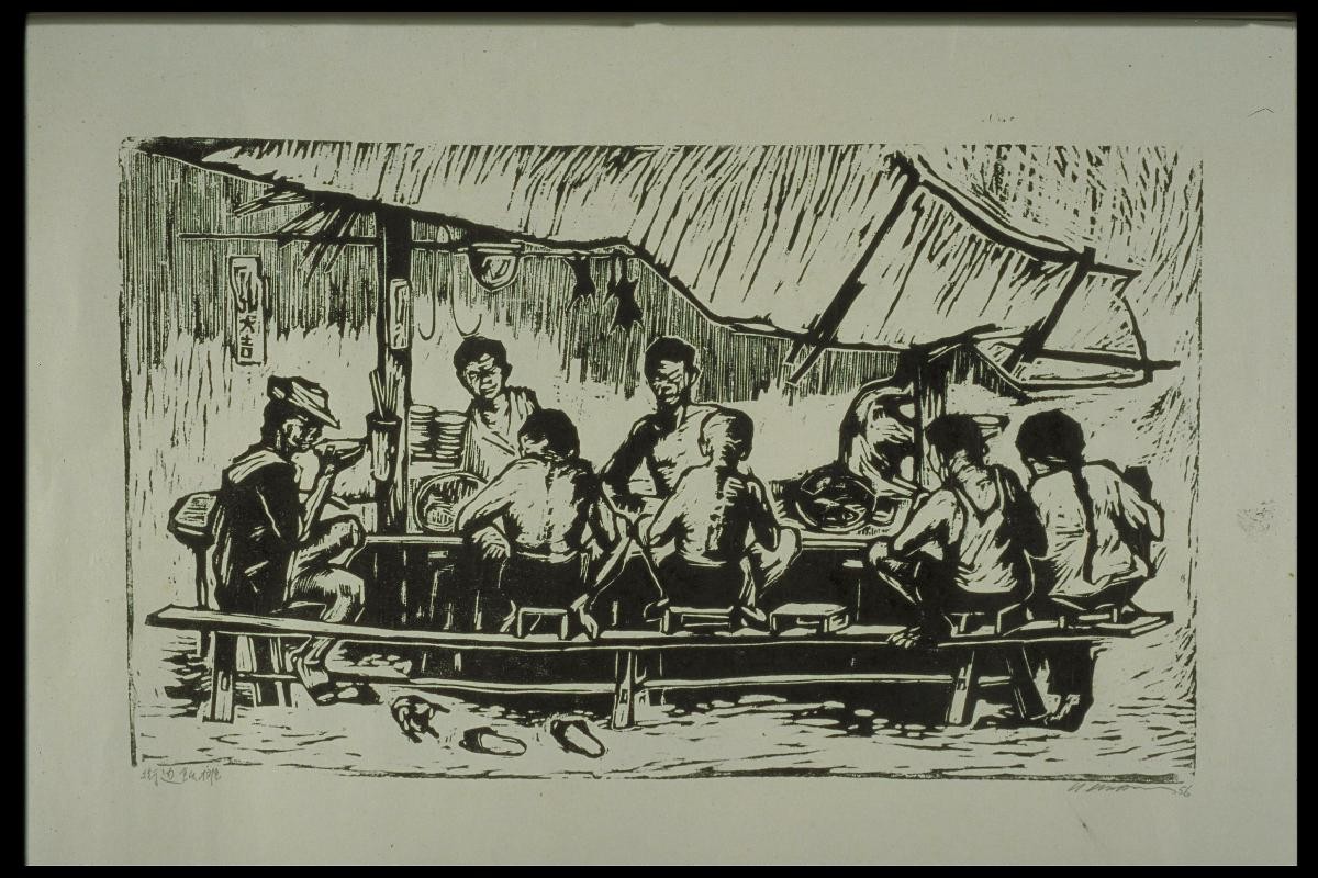 Woodblock print titled "Keck Seng Road Hawker Stall"