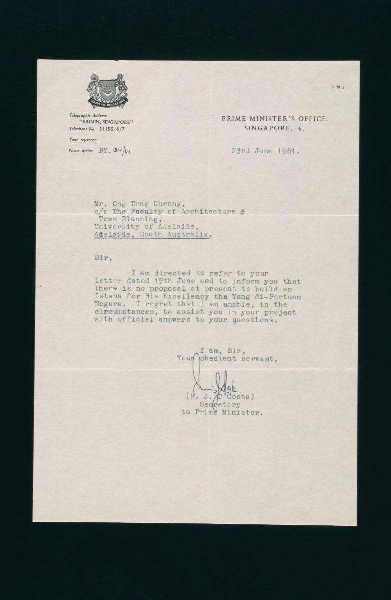 Letter to Mr. Ong Teng Cheong from the Prime Minister’s office