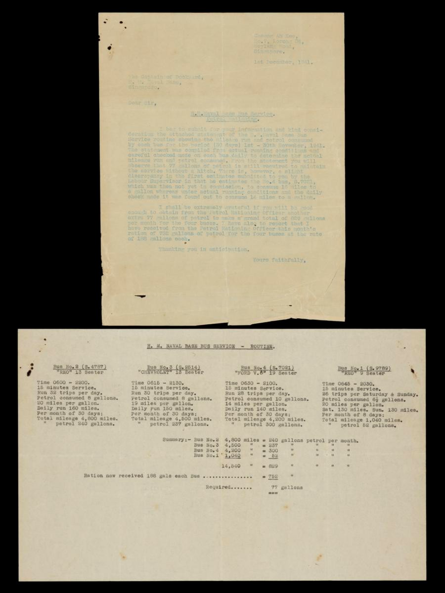 Letter from Naval Base bus service operator to the Captain of Dockyard with attached bus service routine sheet