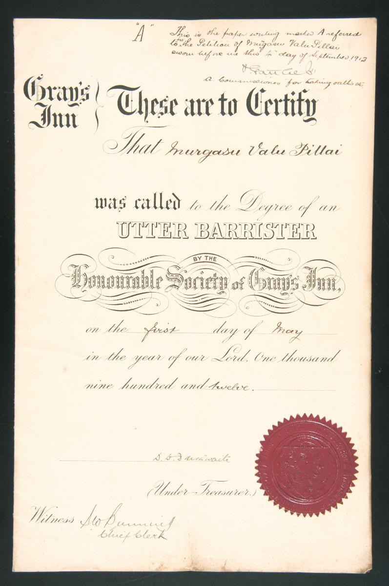Certificate of Murgasu Valu Pillai