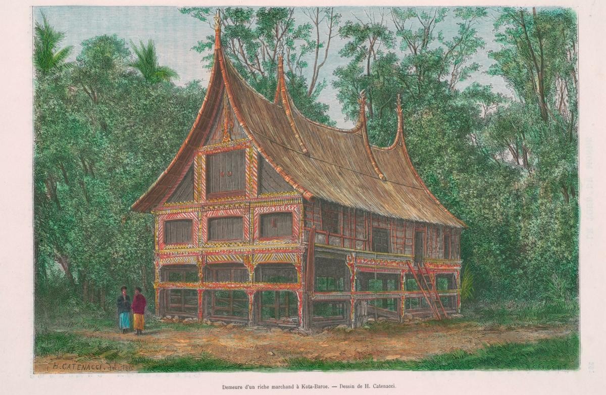 Print depicting a Minangkabau-styled house in Indonesia