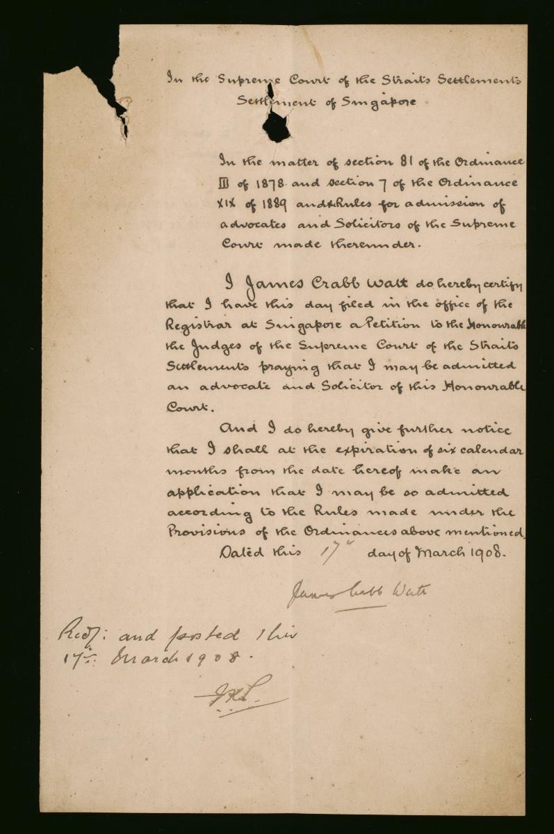 Notice filed by James Crabb Watt