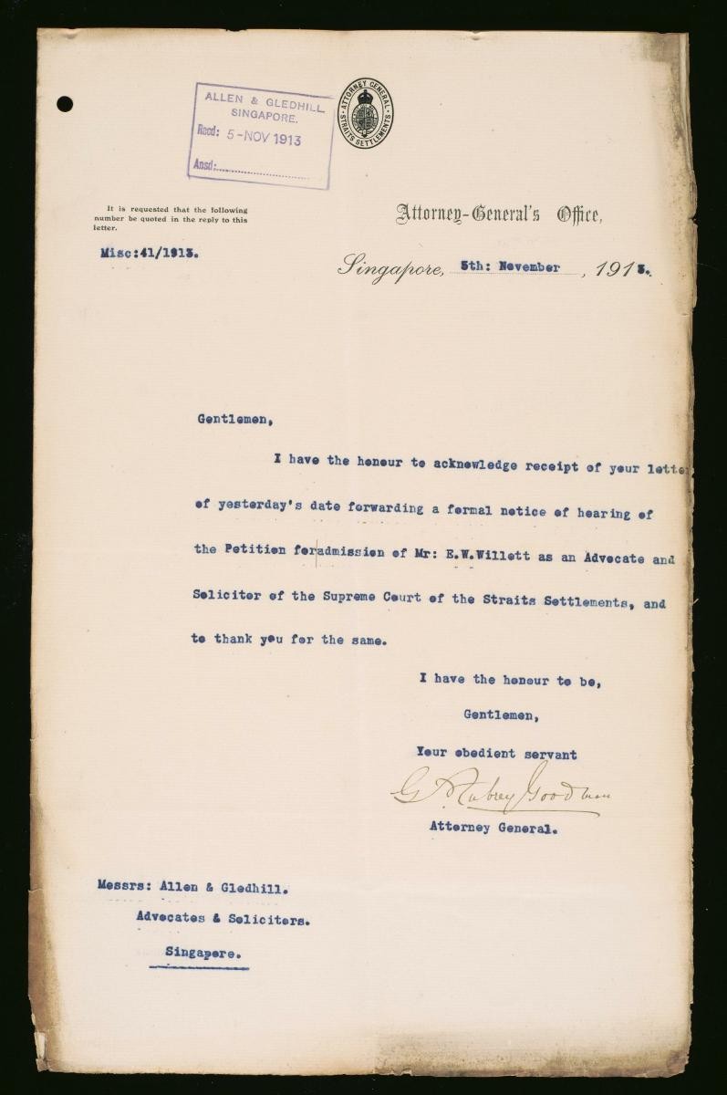 Letter from the Attorney General of the Straits Settlements to Allen & Gledhill