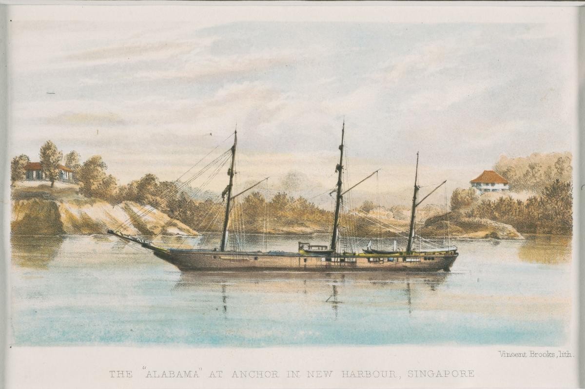 Print of the 'Alabama' at anchor in New Harbour
