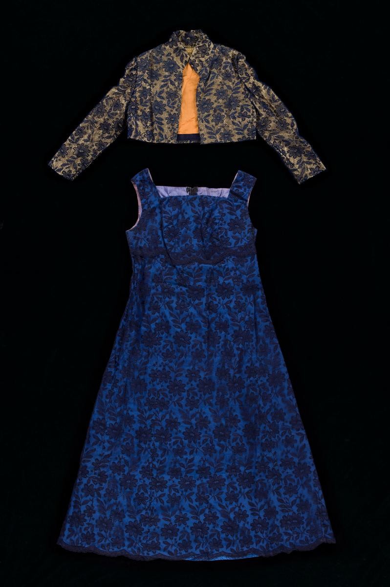 Black dress with blue lining and a matching bolero jacket