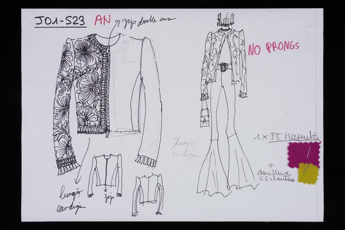 Sketches with fabric swatches from Andrew Gn Spring/Summer 2023 collection