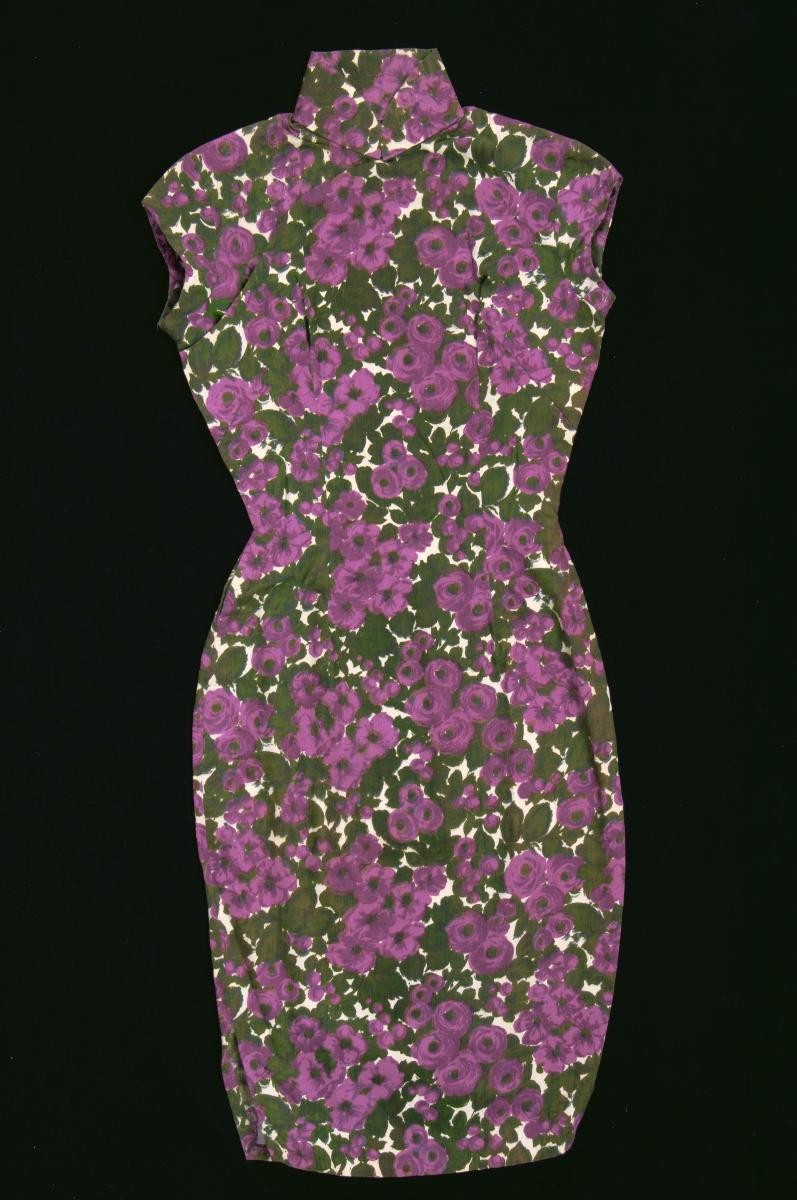 Purple and green floral cheongsam with cap sleeves