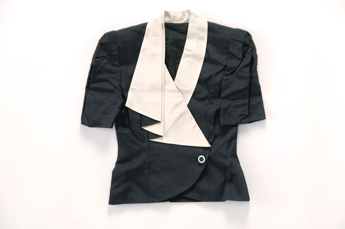 Navy fitted jacket with waterfall collar by Benny Ong