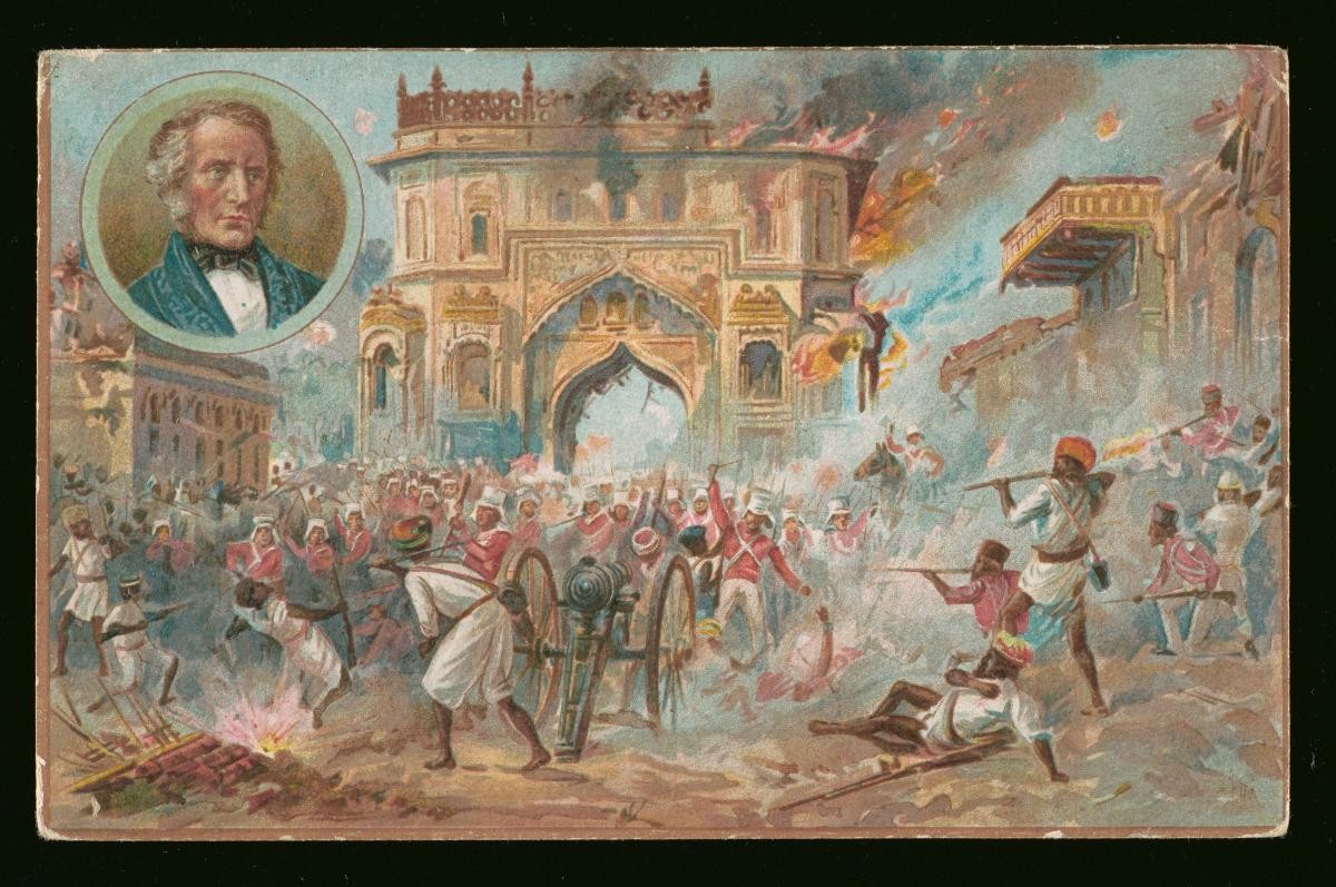 Advertising print showing a battle between British and Indian soldiers
