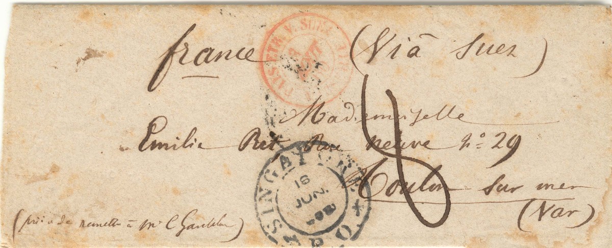 Cover sent to France via Suez in 1860.