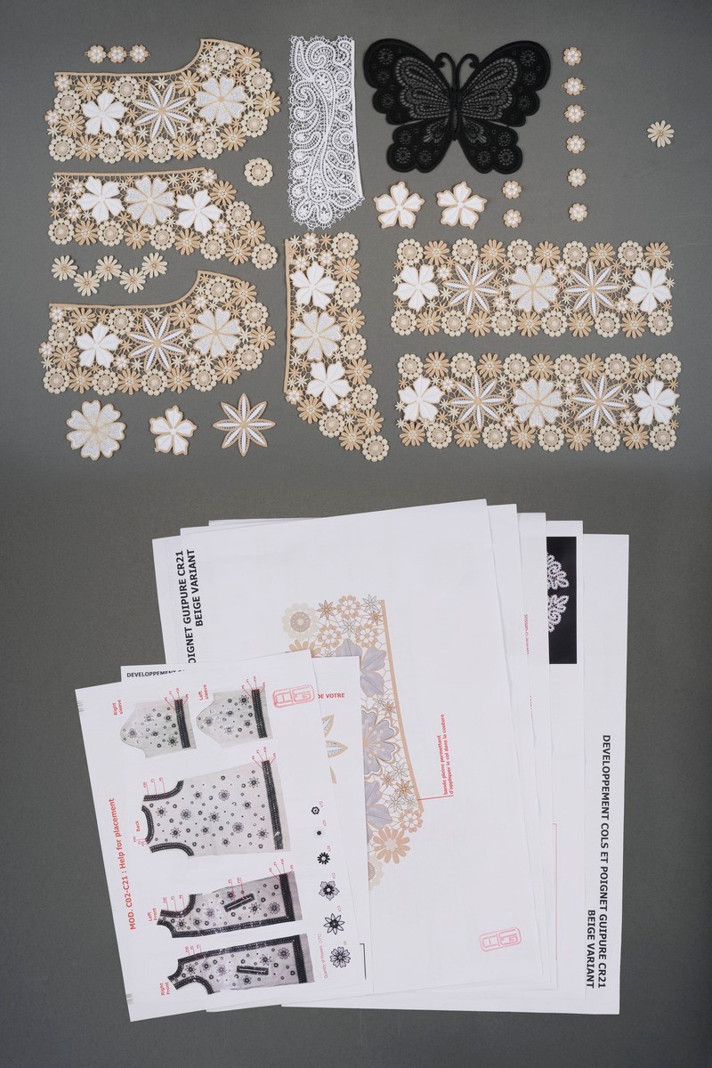 Group of lace samplers and design diagrams from Andrew Gn's Spring 2021 collection