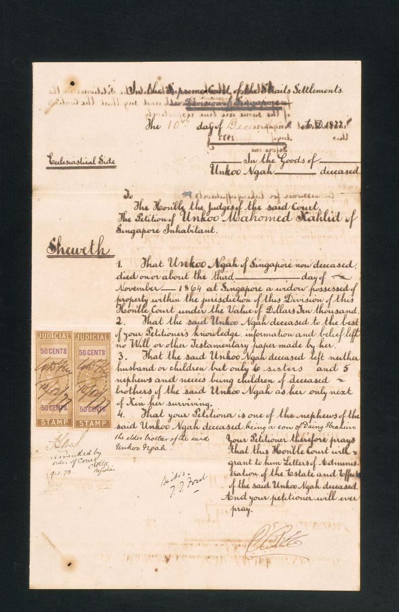 Petition of Unkoo Mahomed Kahlid concerning the estate of Unkoo Ngah