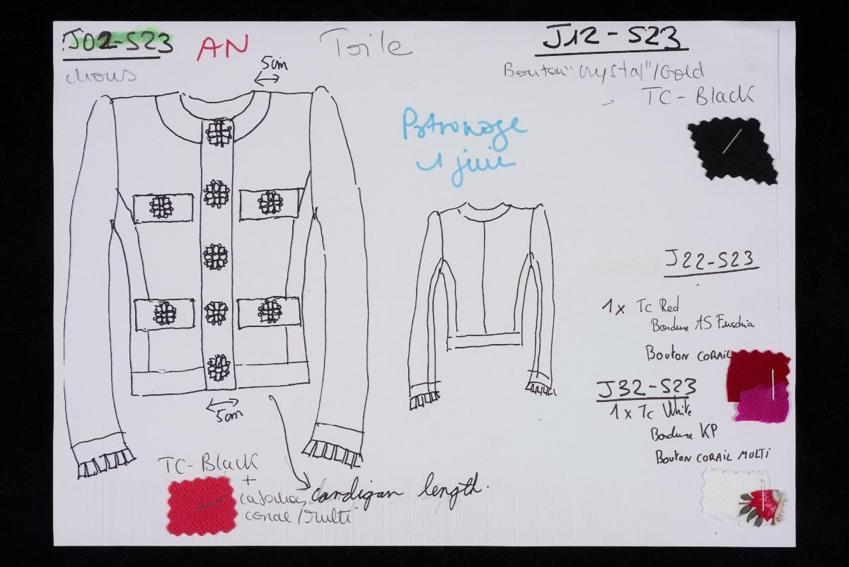 Sketches with fabric swatches from Andrew Gn Spring/Summer 2023 collection