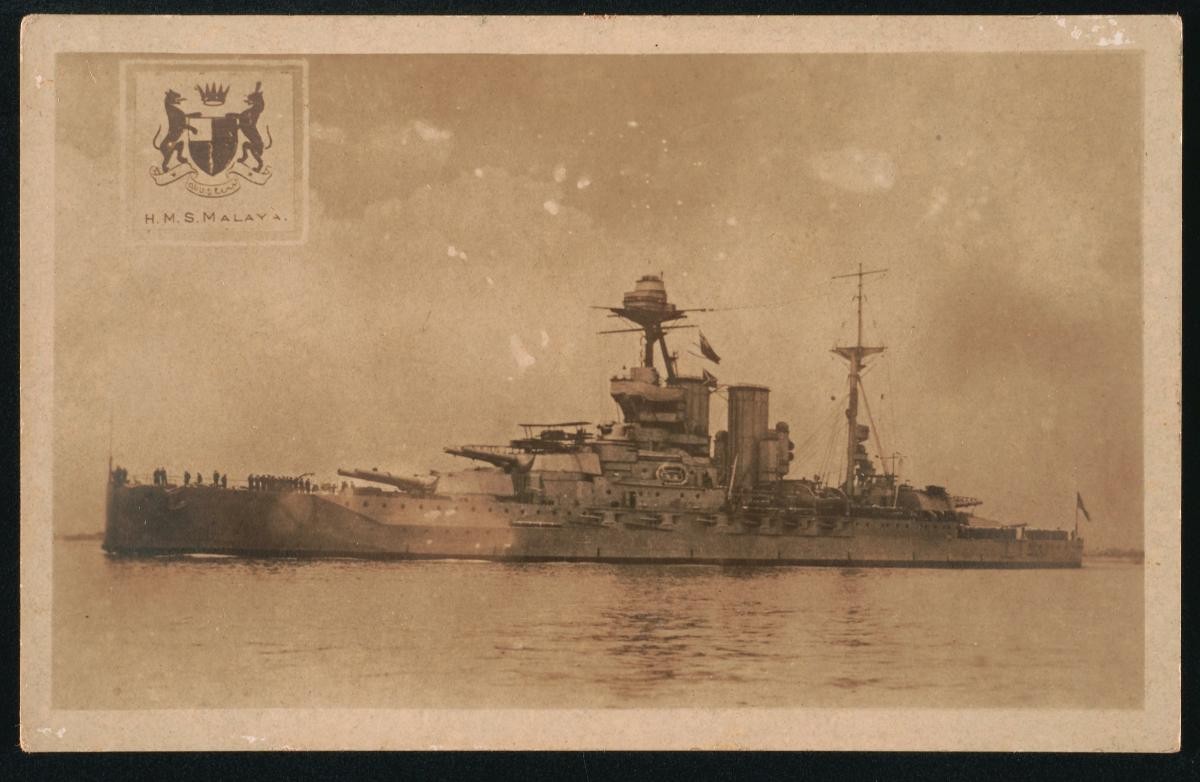 Postcard showing H.M.S. ‘Malaya’