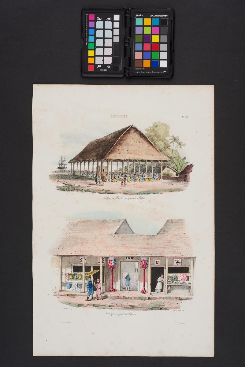Print featuring a market in the Malay quarter and a shop in the Chinese quarter of Ambon