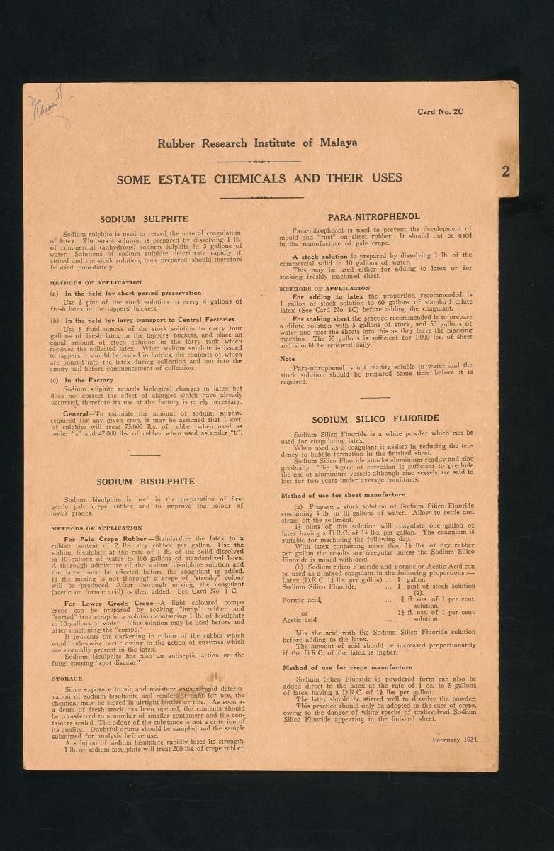 Information card from the Rubber Research Institute of Malaya
