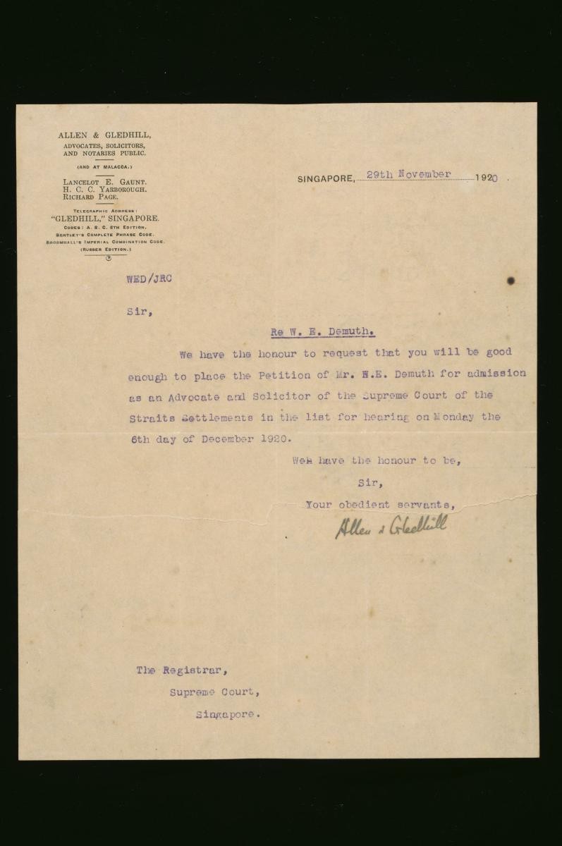 Letter from Allen and Gledhill to the Registrar of the Supreme Court in Singapore