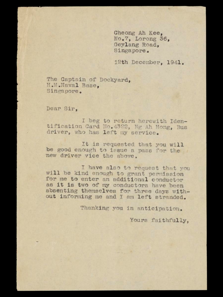 Letter from Naval Base bus service operator to the Captain of Dockyard