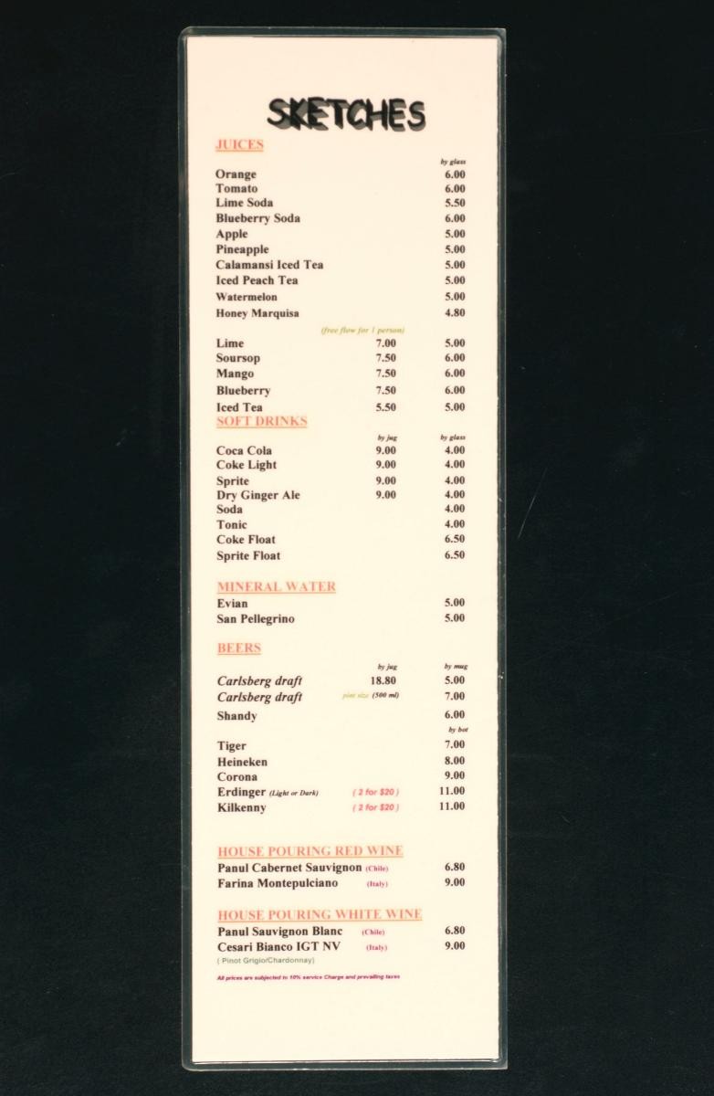 Drink menu from Sketches Pasta & Wine Bar