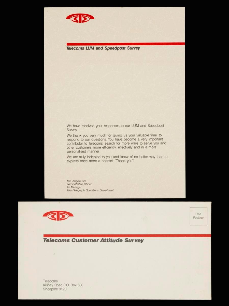 A Telecoms envelope and an acknowledgement letter to a client for the Local Urgent Mail (LUM) and Speedpost Survey