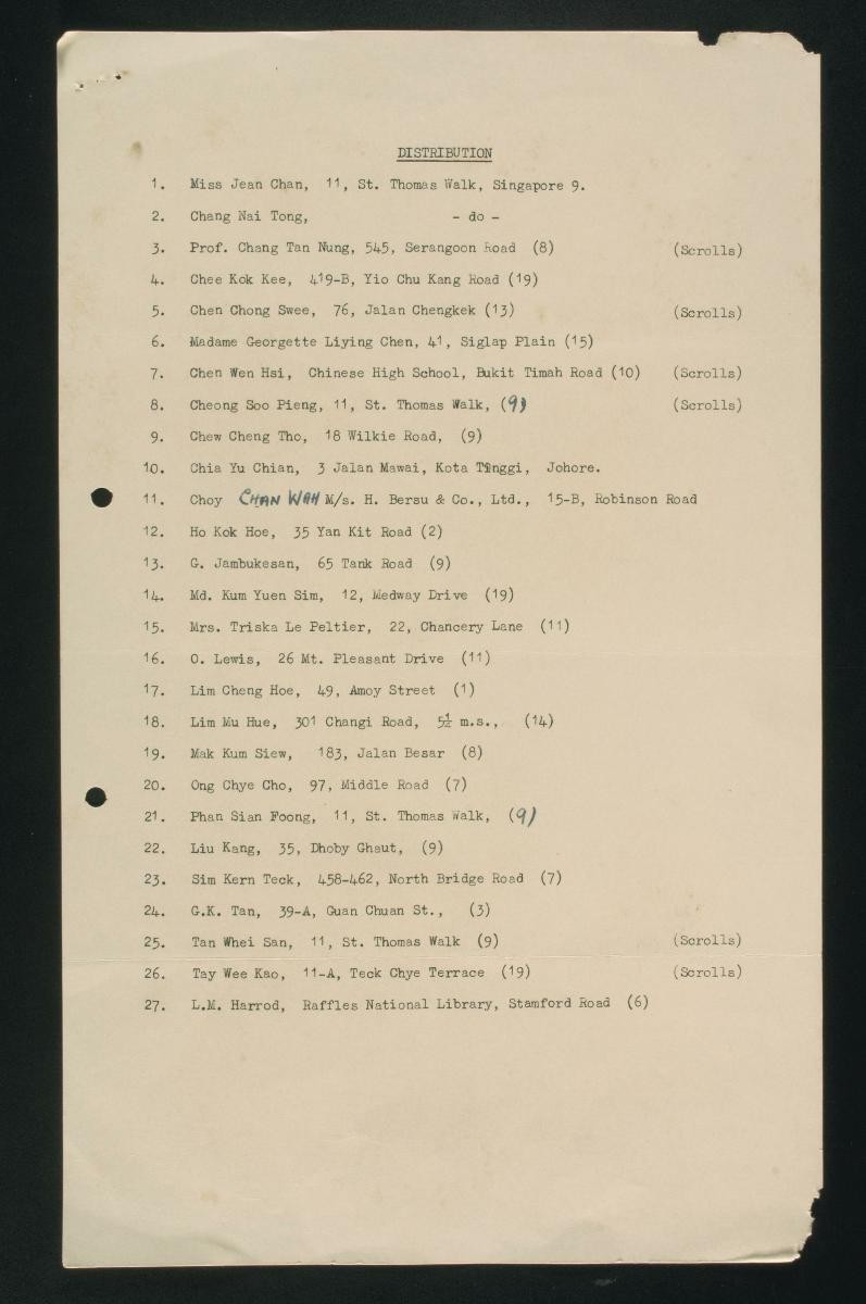 Note from L.N. Harrod, Exhibitions Organiser, to Ho Kok Hoe, President of the Singapore Art Society