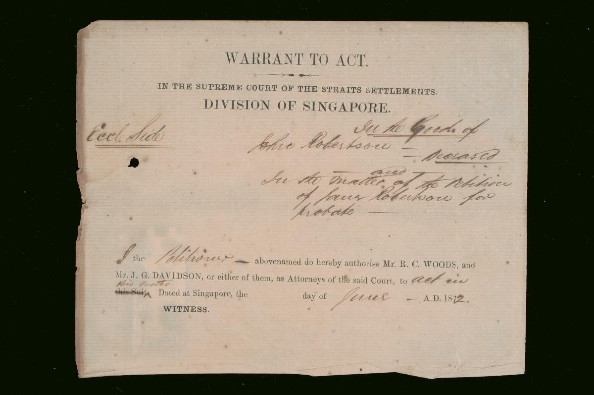 Warrant to act issued by James Robertson