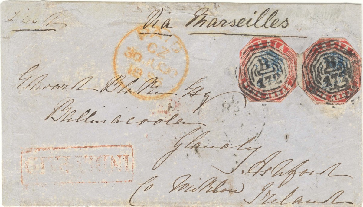 Cover was sent to Ireland in 1856 with a pair of Queen Victoria 4-anna stamps cancelled by the earliest known use of the "B172" obliterator.