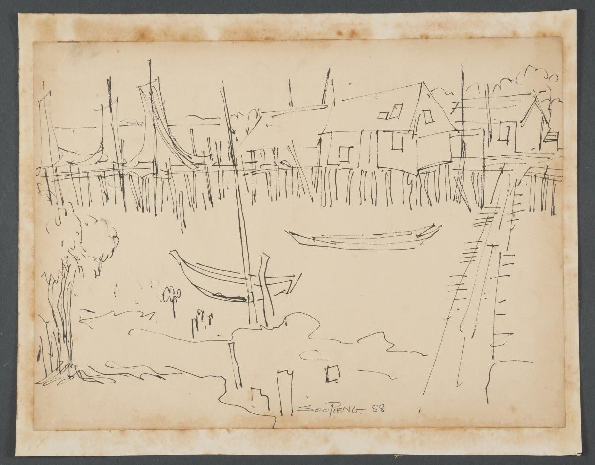 Untitled (Kelongs with A Bridge and Two Sampans)