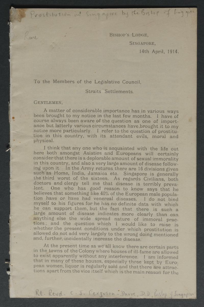 Printed letter to the Members of the Legislative Council of Straits Settlements